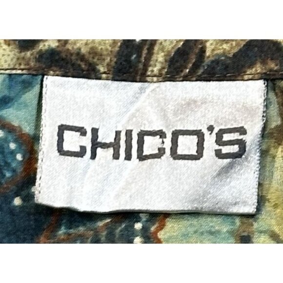 Chicos Silk Boho Button-Up Blouse Green Teal Brown Floral XL Artsy Comfort Loose - Picture 11 of 14